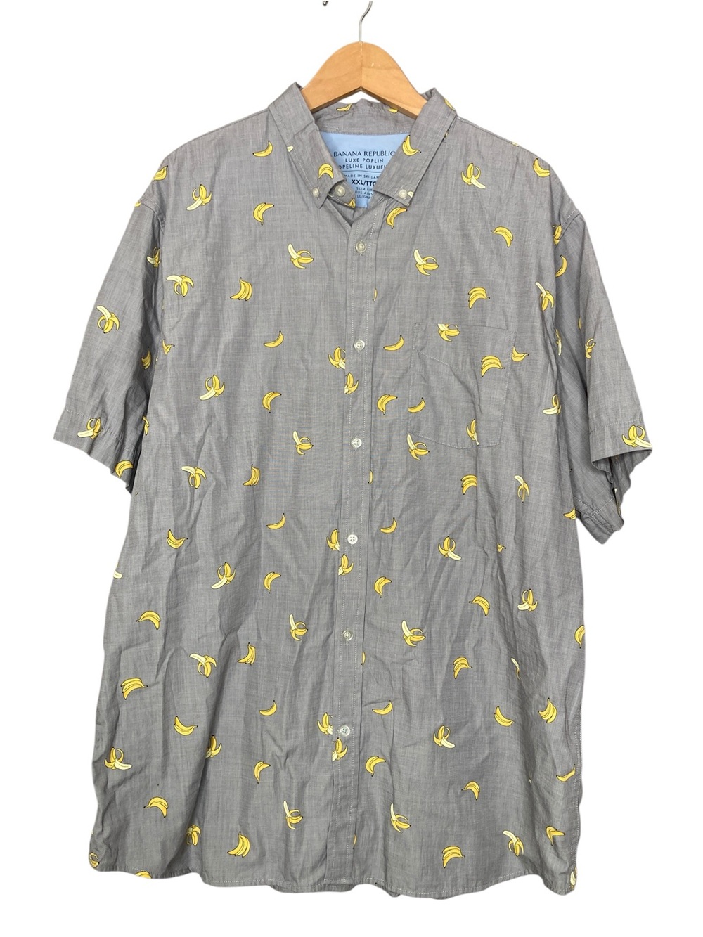 Banana Republic Bananas Button Down Short Sleeve Poplin Grey Yellow Men's XXL